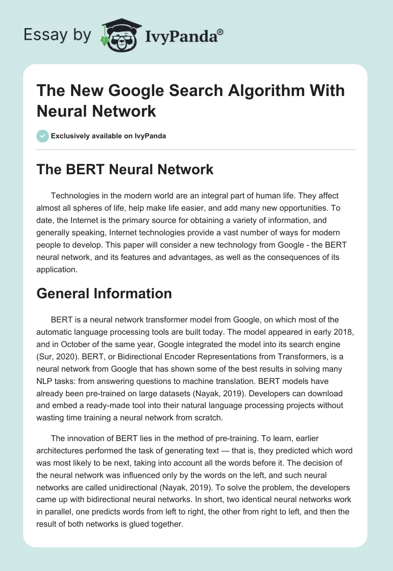 The New Google Search Algorithm With Neural Network. Page 1