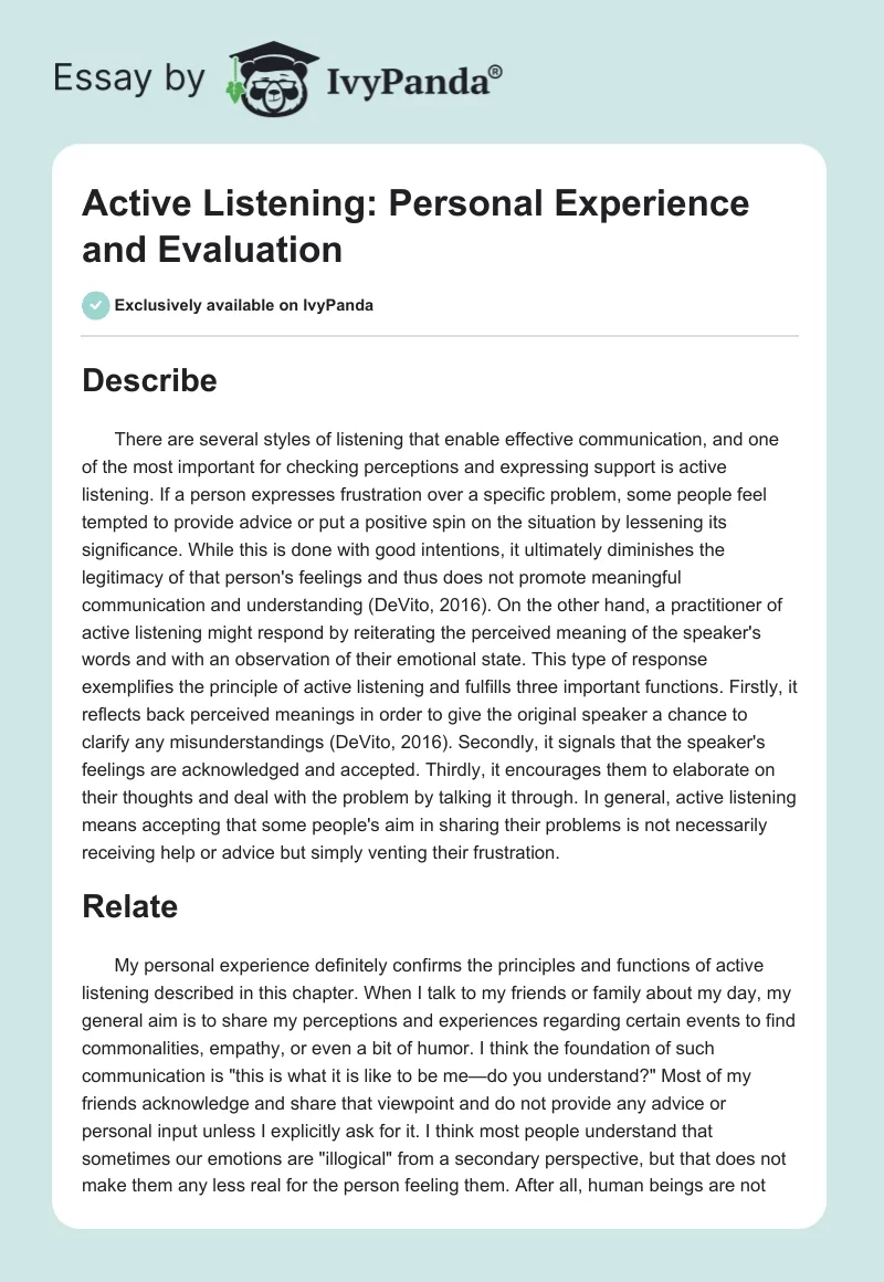 Active Listening: Personal Experience and Evaluation. Page 1
