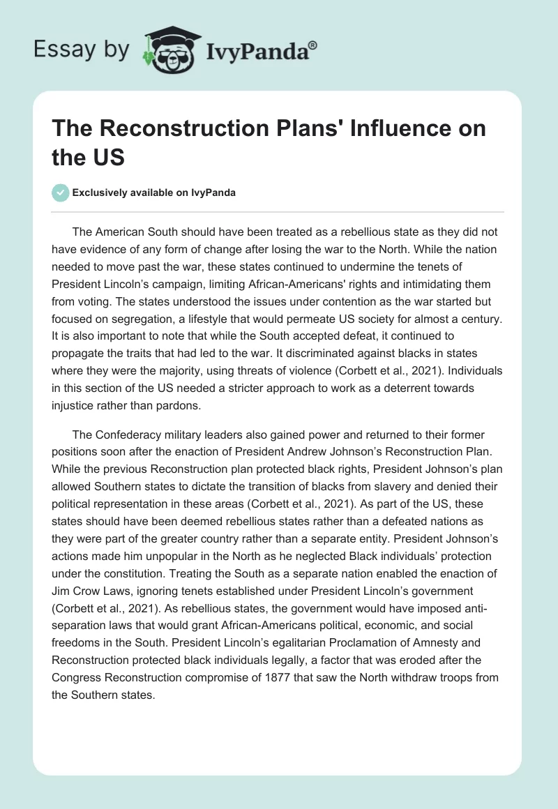 The Reconstruction Plans' Influence on the US. Page 1