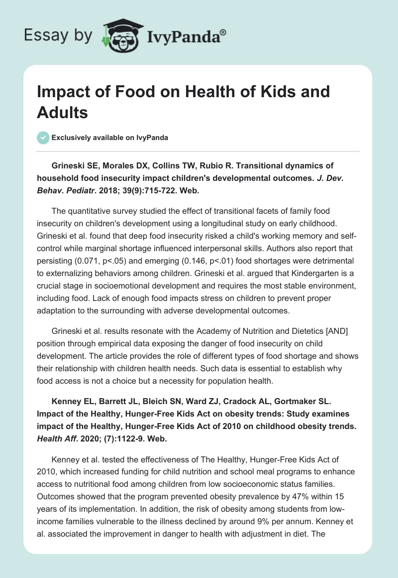 Impact of Food on Health of Kids and Adults. Page 1