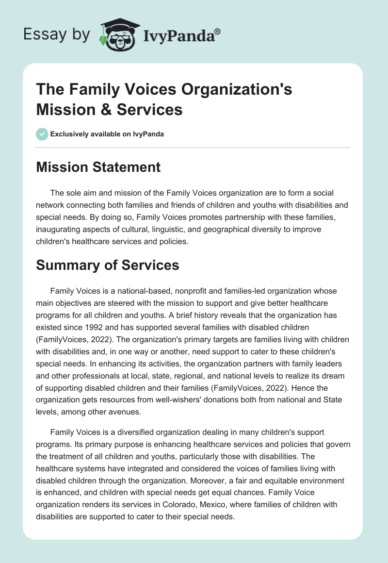 The Family Voices Organization's Mission & Services. Page 1
