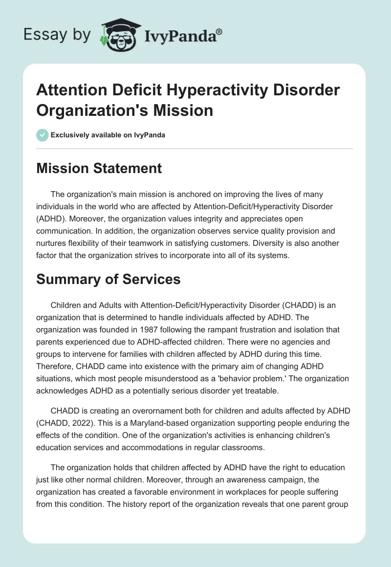 Attention Deficit Hyperactivity Disorder Organization's Mission. Page 1