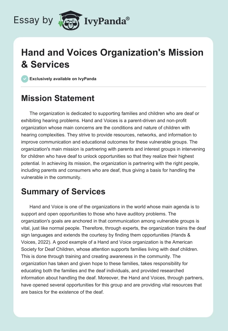 Hand and Voices Organization's Mission & Services. Page 1
