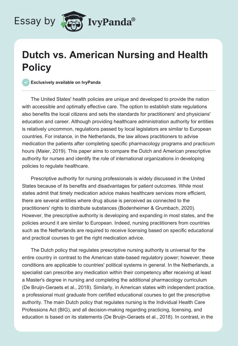 Dutch vs. American Nursing and Health Policy. Page 1