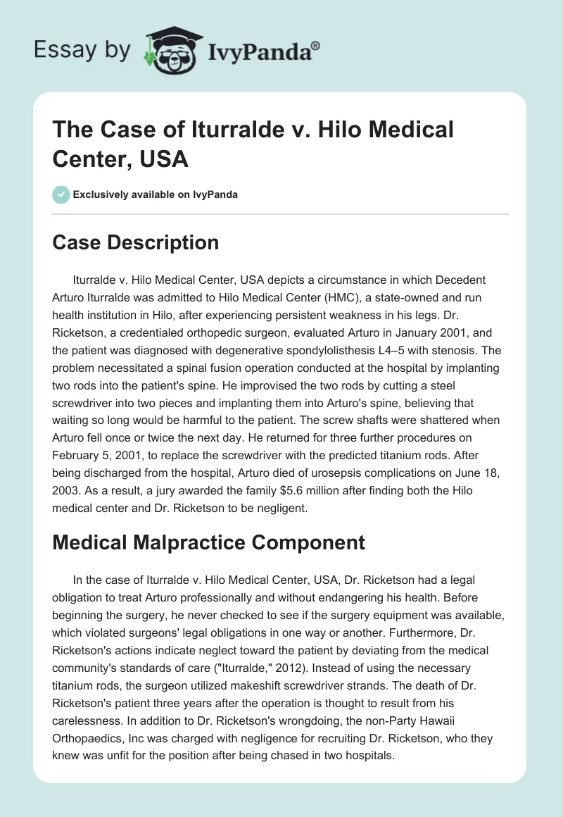 The Case of Iturralde v. Hilo Medical Center, USA. Page 1