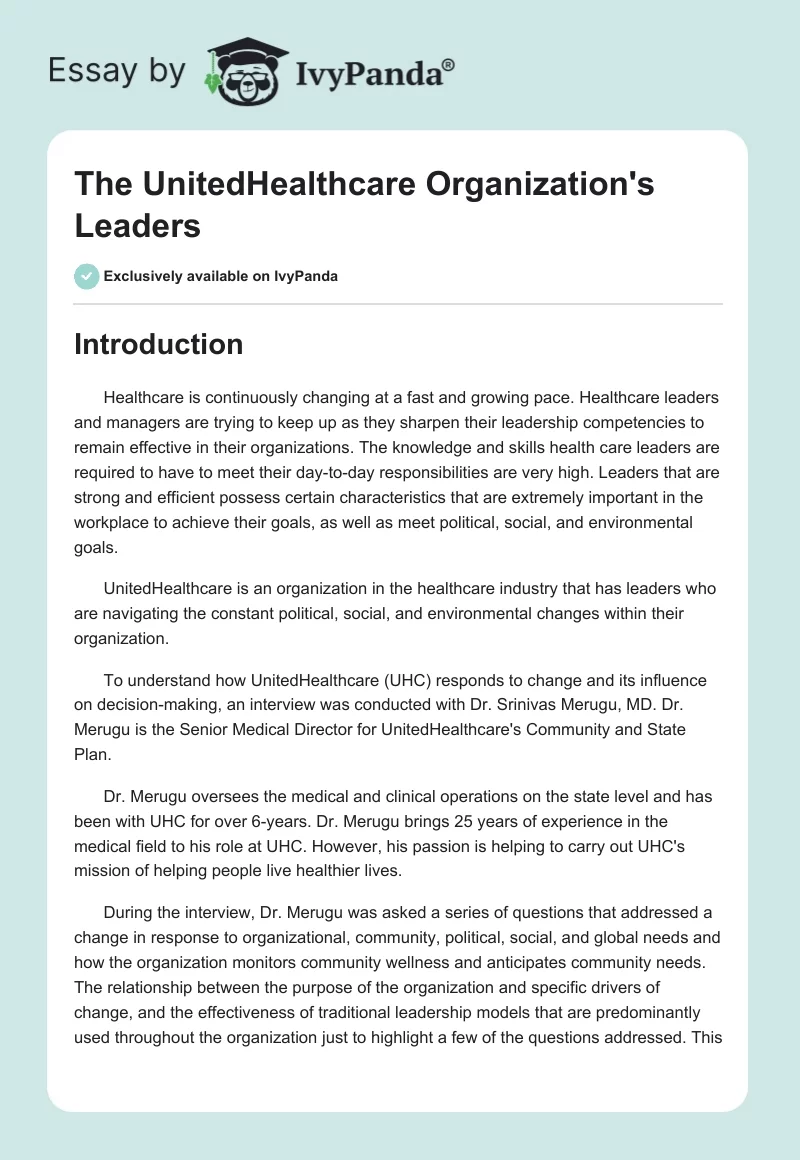 The UnitedHealthcare Organization's Leaders. Page 1