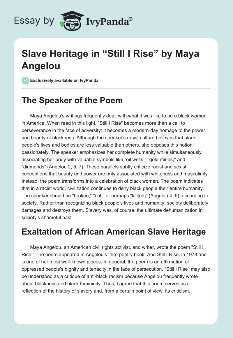 Slave Heritage in “Still I Rise” by Maya Angelou. Page 1