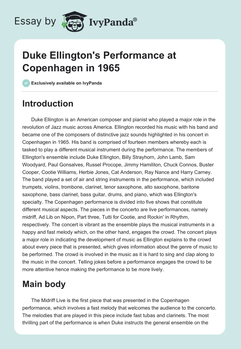 Duke Ellington's Performance at Copenhagen in 1965. Page 1