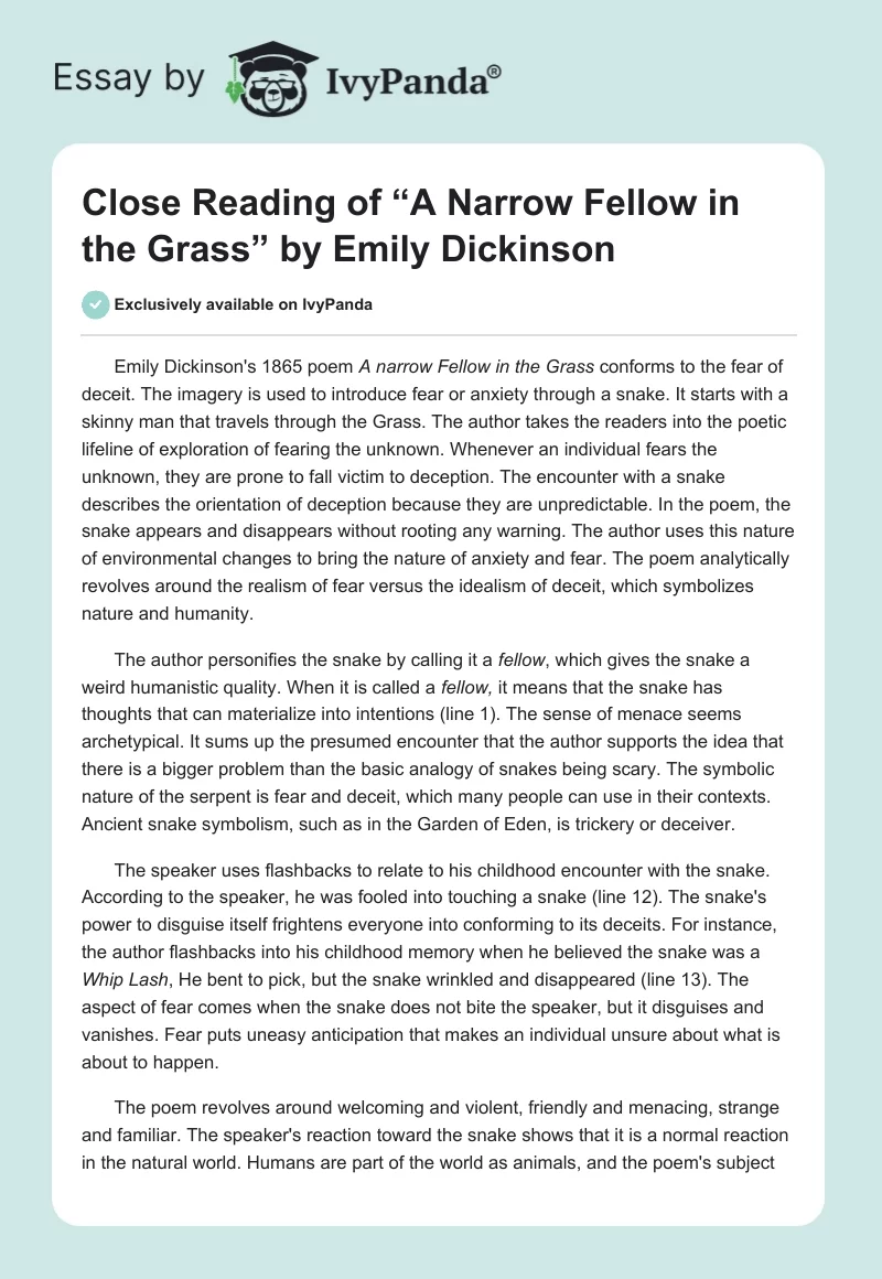 Close Reading of “A Narrow Fellow in the Grass” by Emily Dickinson. Page 1