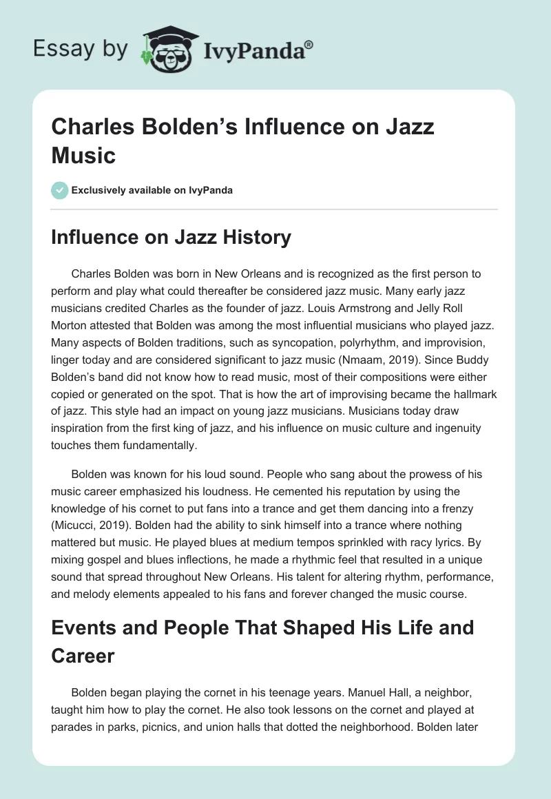 Charles Bolden’s Influence on Jazz Music. Page 1