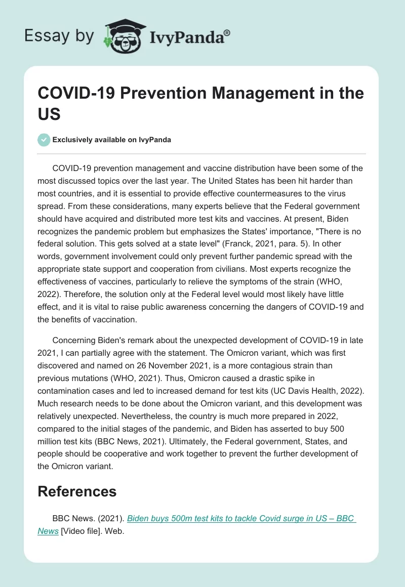 COVID-19 Prevention Management in the US. Page 1