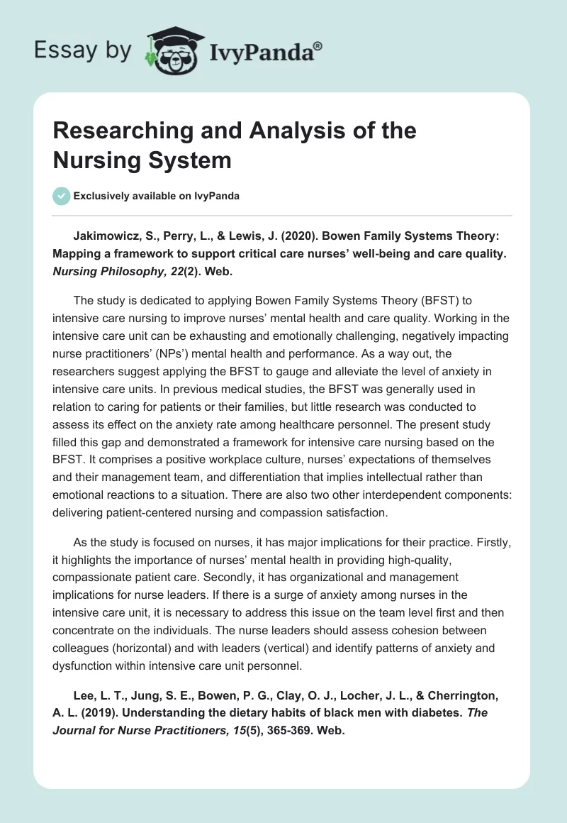 Researching and Analysis of the Nursing System. Page 1
