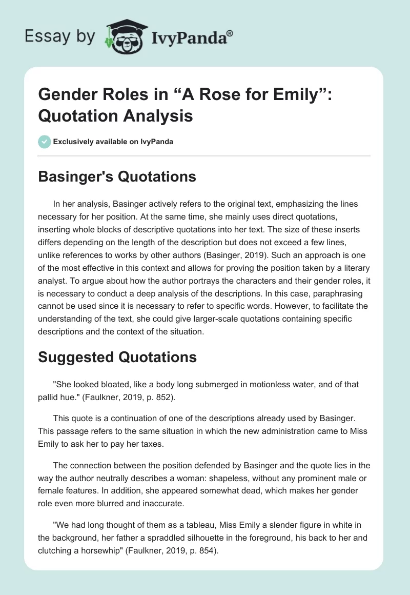 Gender Roles in “A Rose for Emily”: Quotation Analysis. Page 1