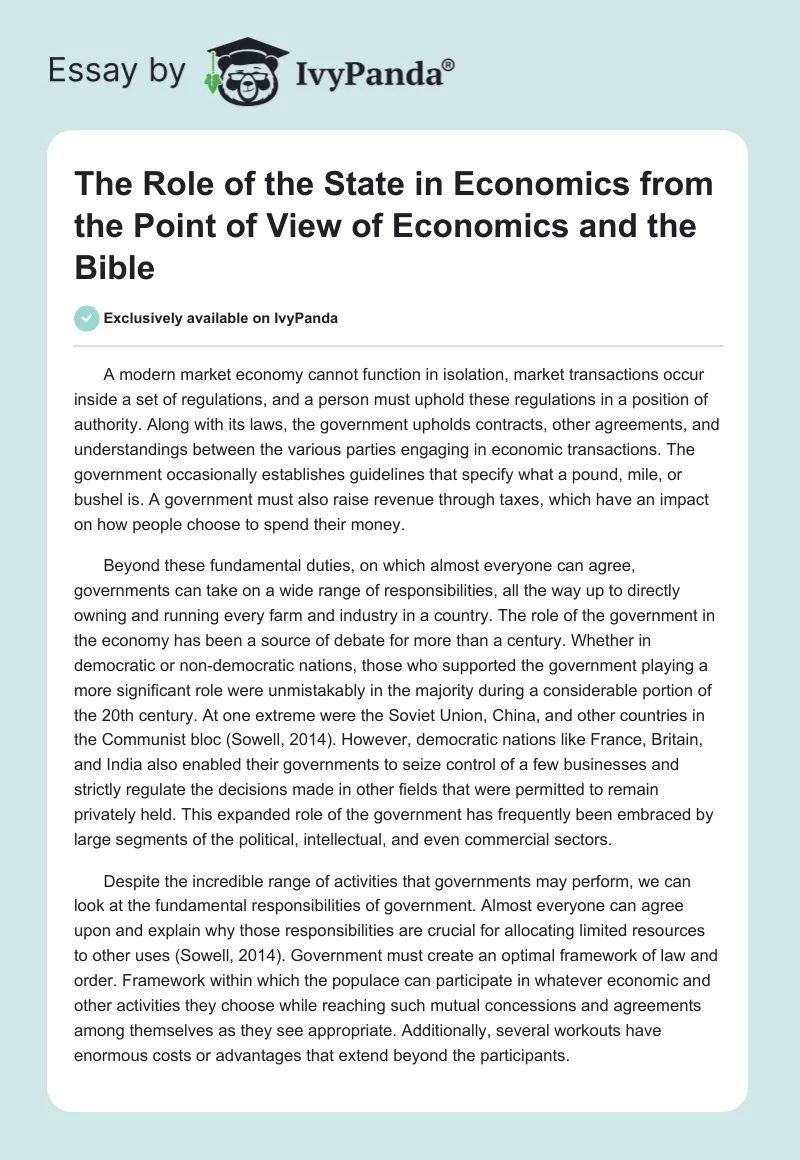 The Role of the State in Economics From the Point of View of Economics and the Bible. Page 1