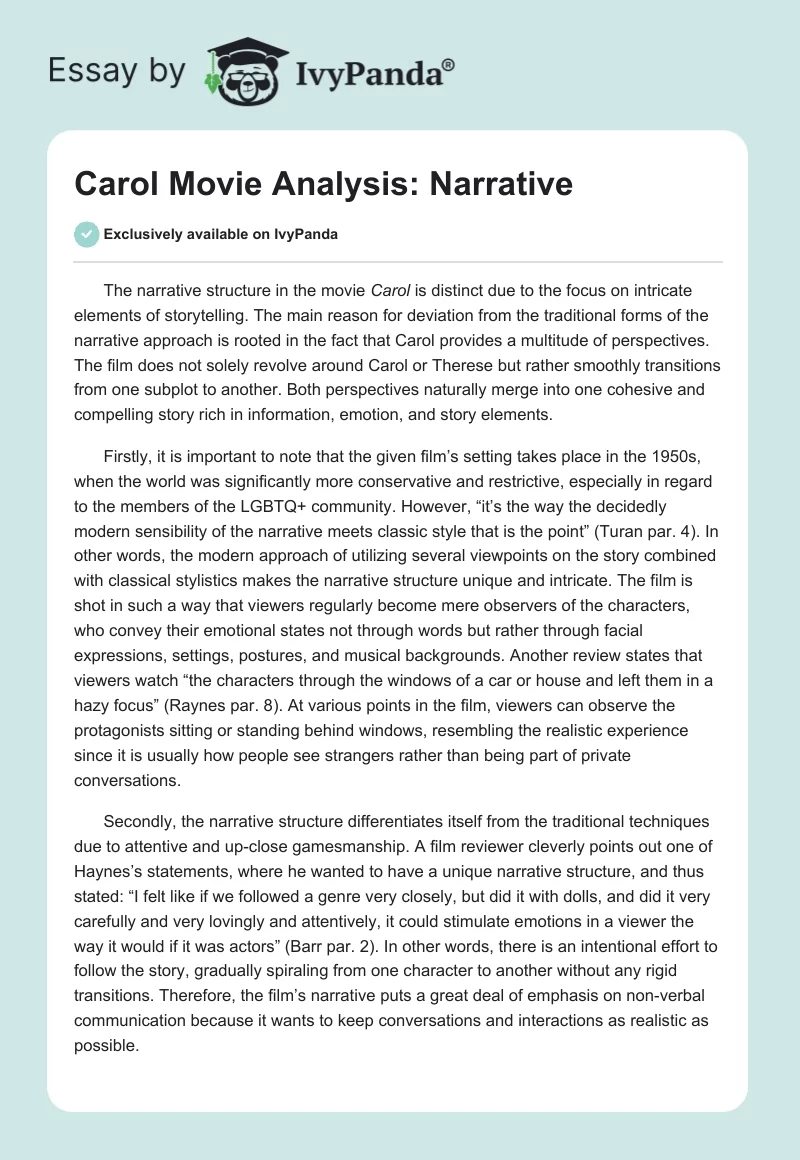 Carol Movie Analysis: Narrative. Page 1