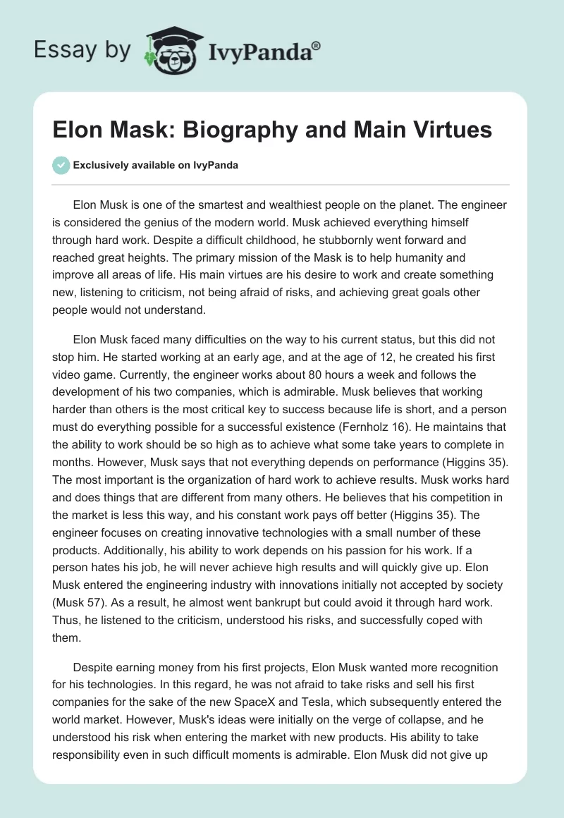 Elon Mask: Biography and Main Virtues. Page 1