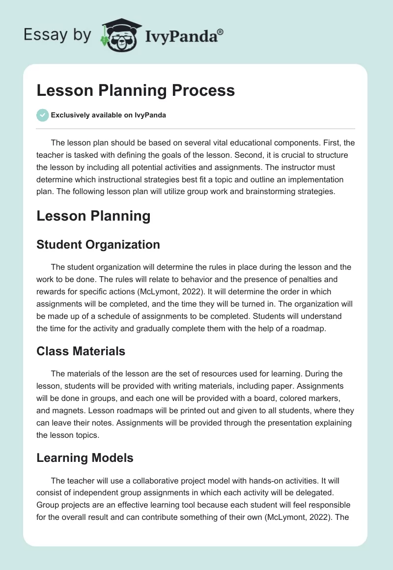 Lesson Planning Process. Page 1
