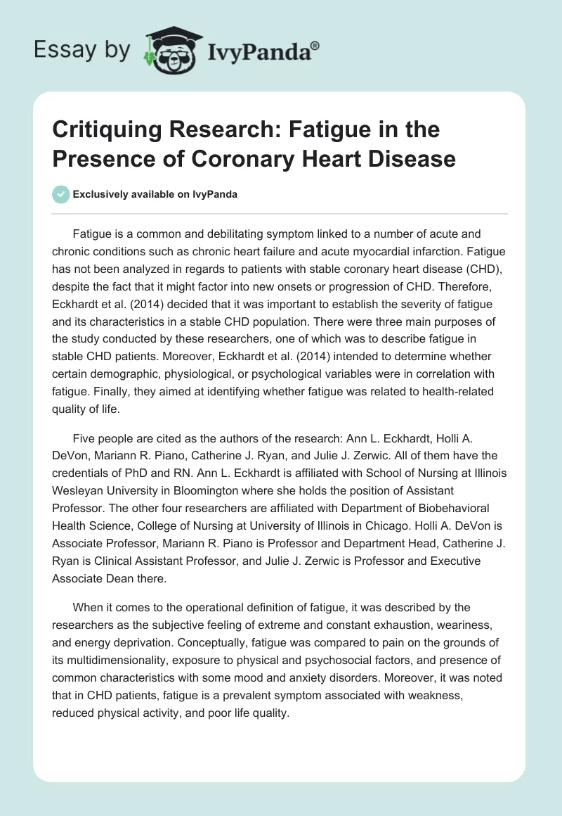 Critiquing Research: Fatigue in the Presence of Coronary Heart Disease. Page 1