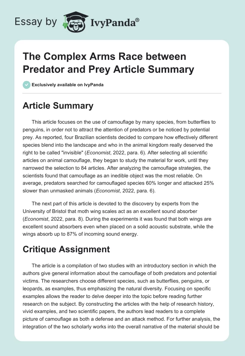 The Complex Arms Race between Predator and Prey Article Summary. Page 1