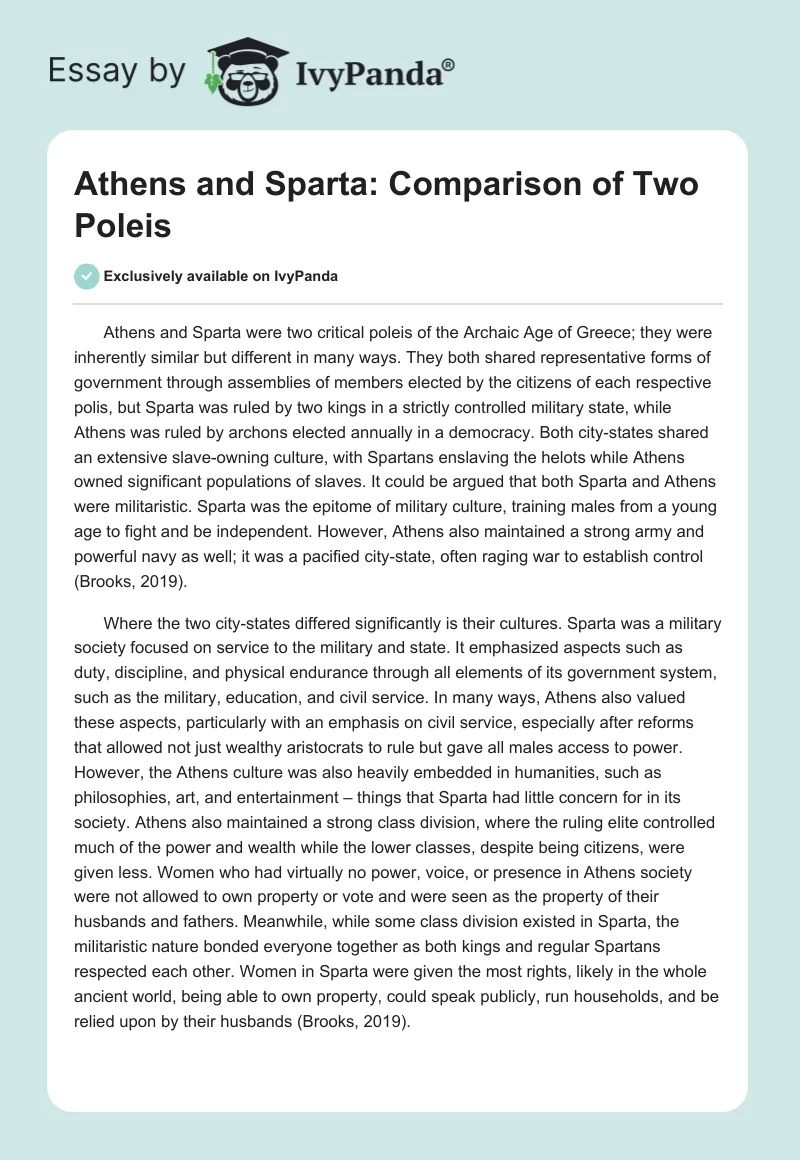 Athens and Sparta: Comparison of Two Poleis. Page 1