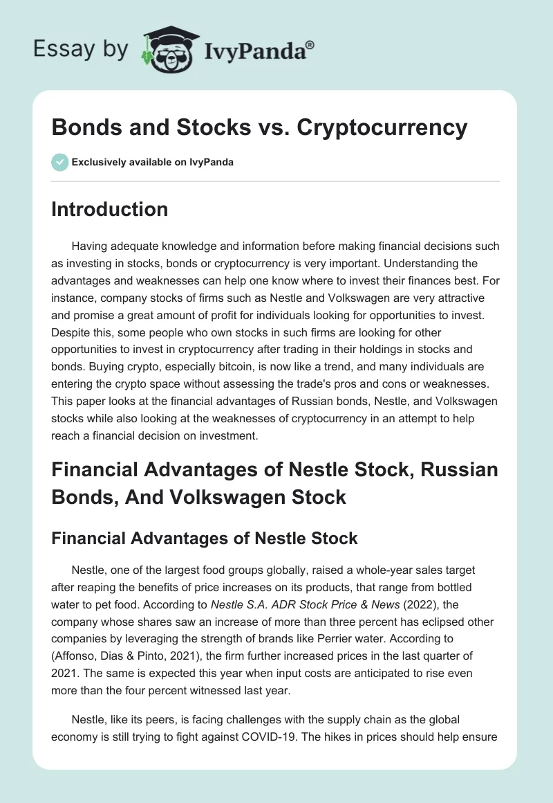 Bonds and Stocks vs. Cryptocurrency. Page 1