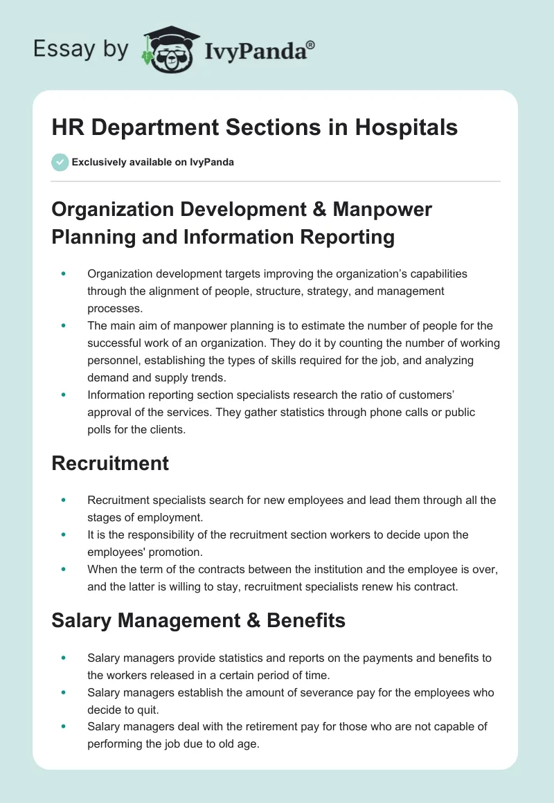 HR Department Sections in Hospitals. Page 1