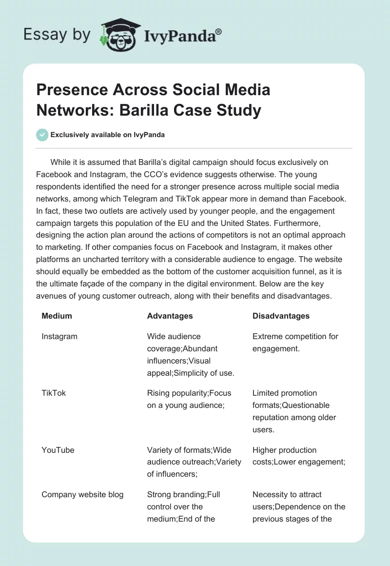 Presence Across Social Media Networks: Barilla Case Study. Page 1