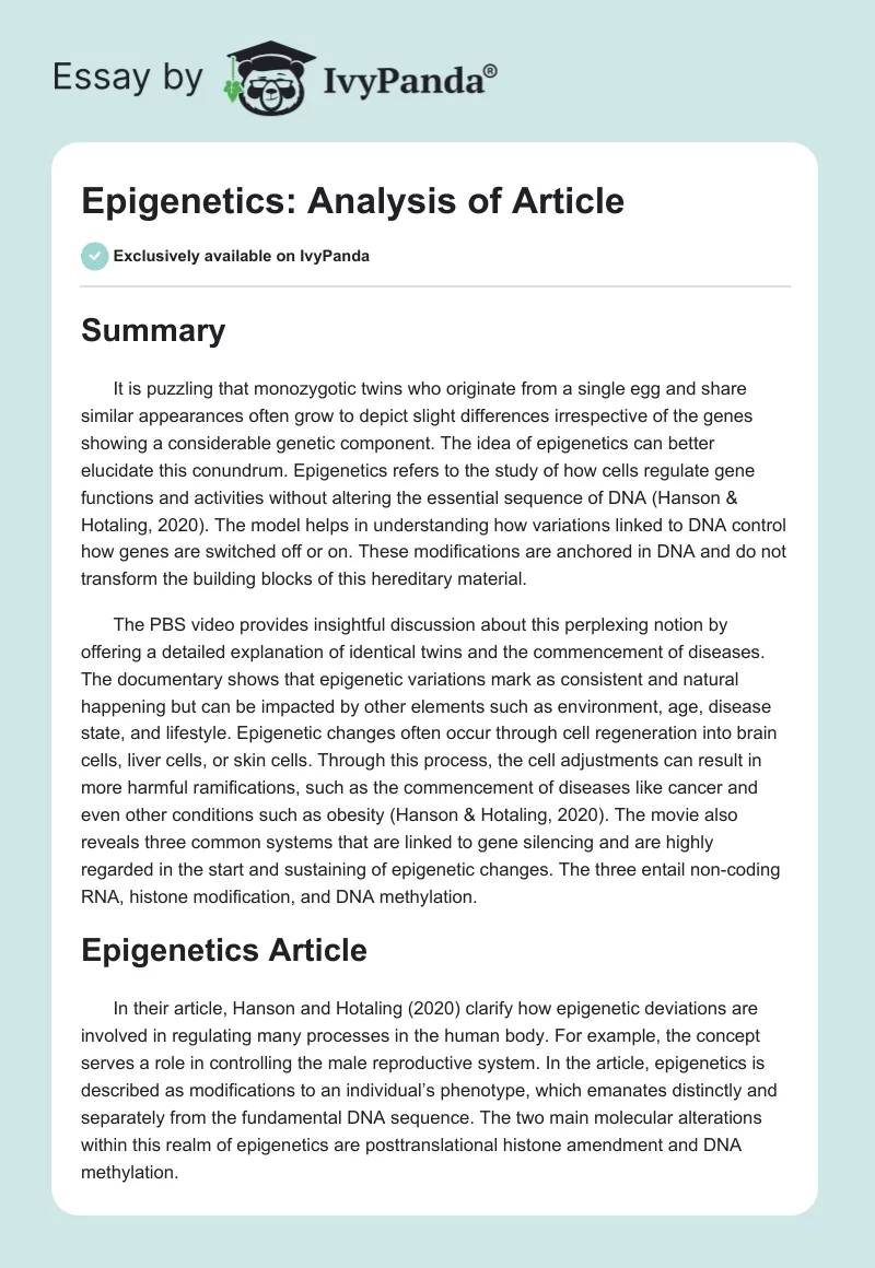 Epigenetics: Analysis of Article. Page 1