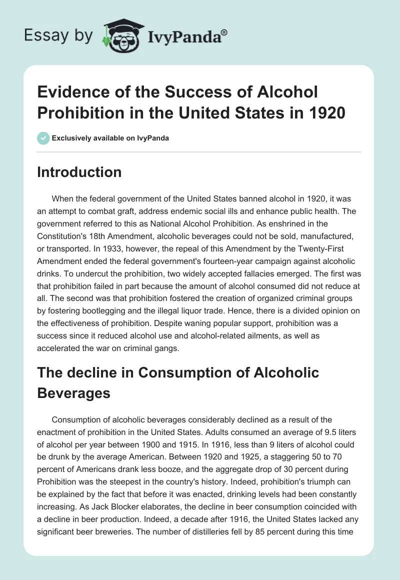 Evidence of the Success of Alcohol Prohibition in the United States in 1920. Page 1