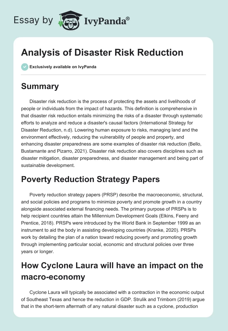 Analysis of Disaster Risk Reduction. Page 1