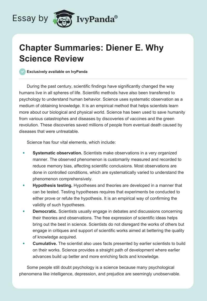 Chapter Summaries: Diener E. Why Science Review. Page 1