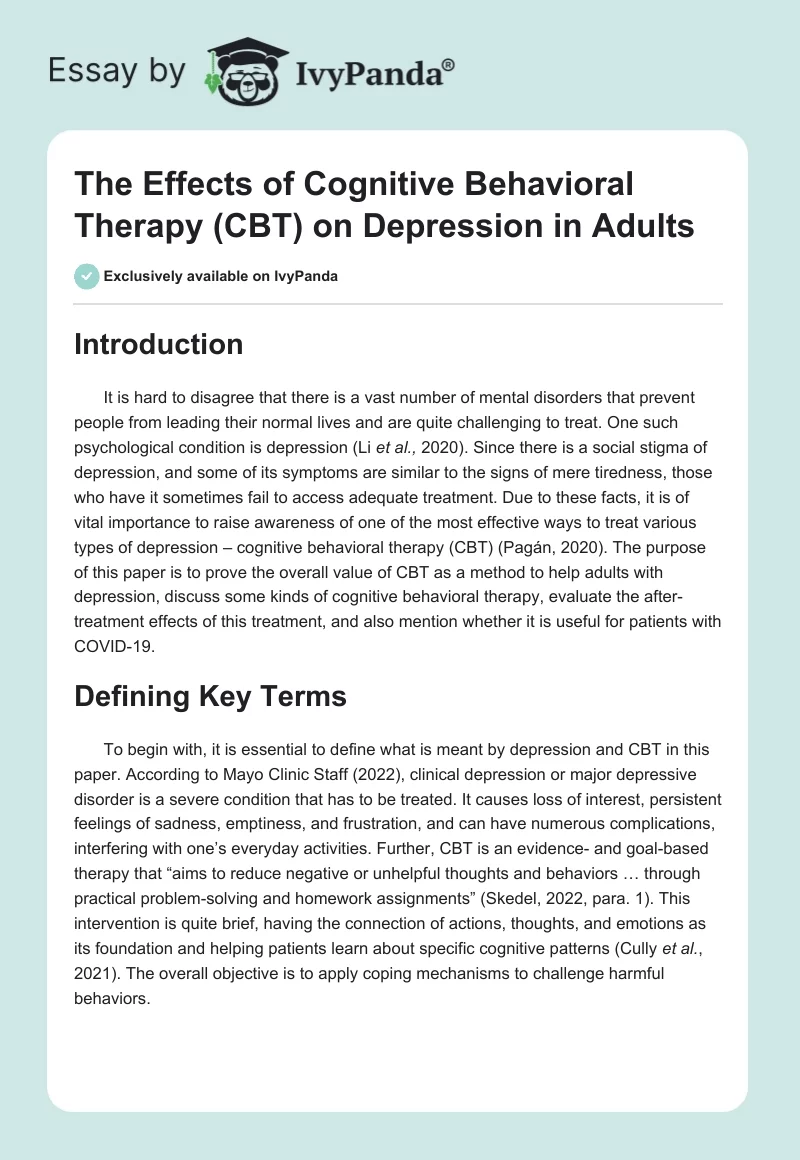 The Effects of Cognitive Behavioral Therapy (CBT) on Depression in Adults. Page 1