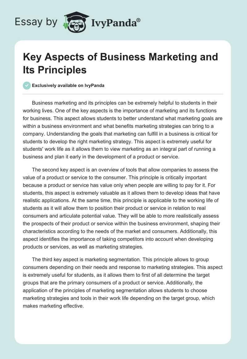 Key Aspects of Business Marketing and Its Principles. Page 1