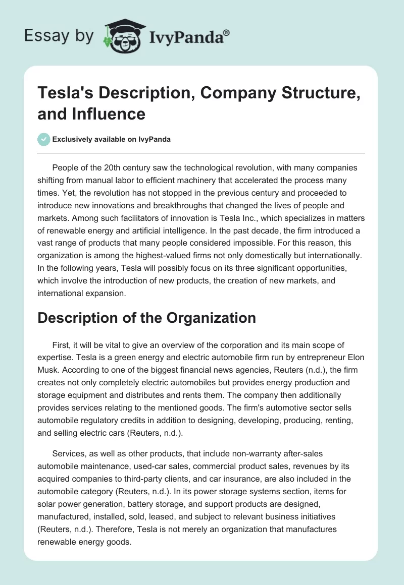Tesla's Description, Company Structure, and Influence. Page 1