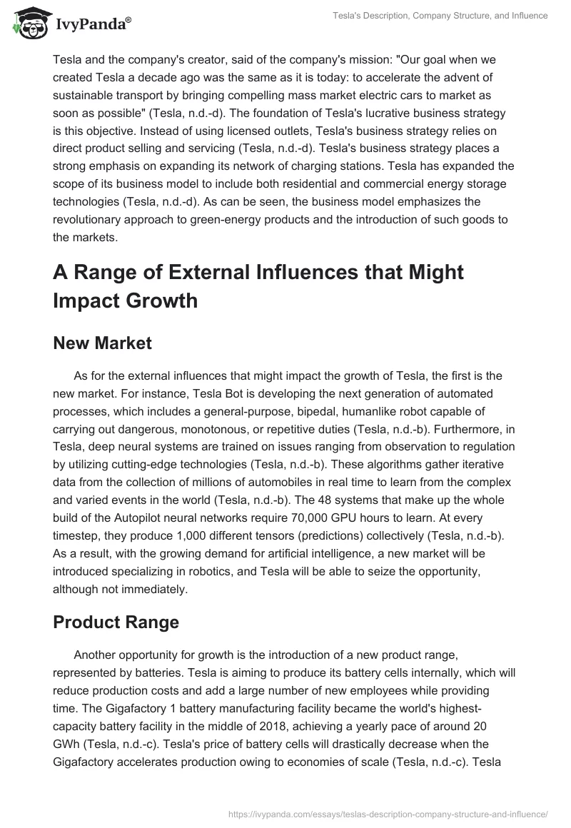 Tesla's Description, Company Structure, and Influence. Page 4