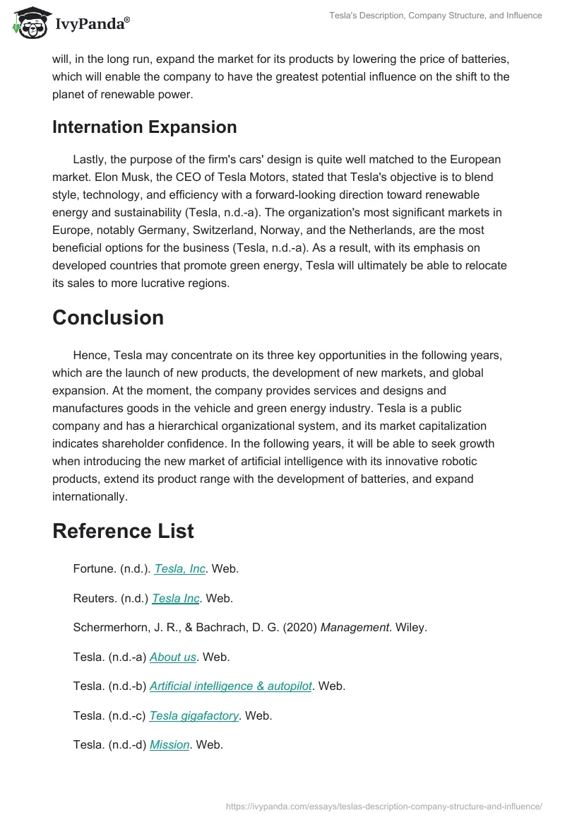 Tesla's Description, Company Structure, and Influence. Page 5