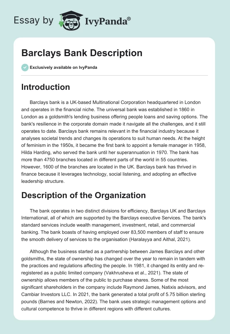 Barclays Bank Description. Page 1