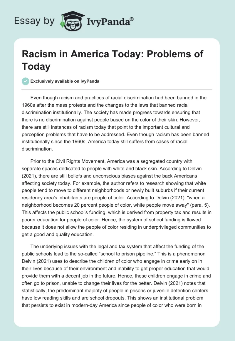 Racism in America Today: Problems of Today. Page 1