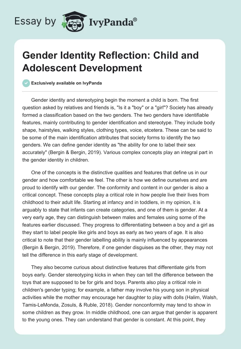 Gender Identity Reflection: Child and Adolescent Development. Page 1