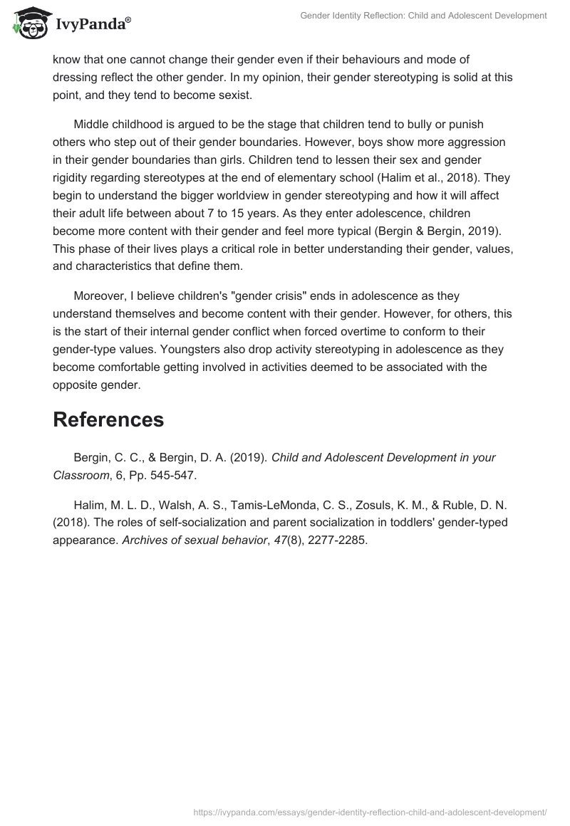Gender Identity Reflection: Child and Adolescent Development. Page 2