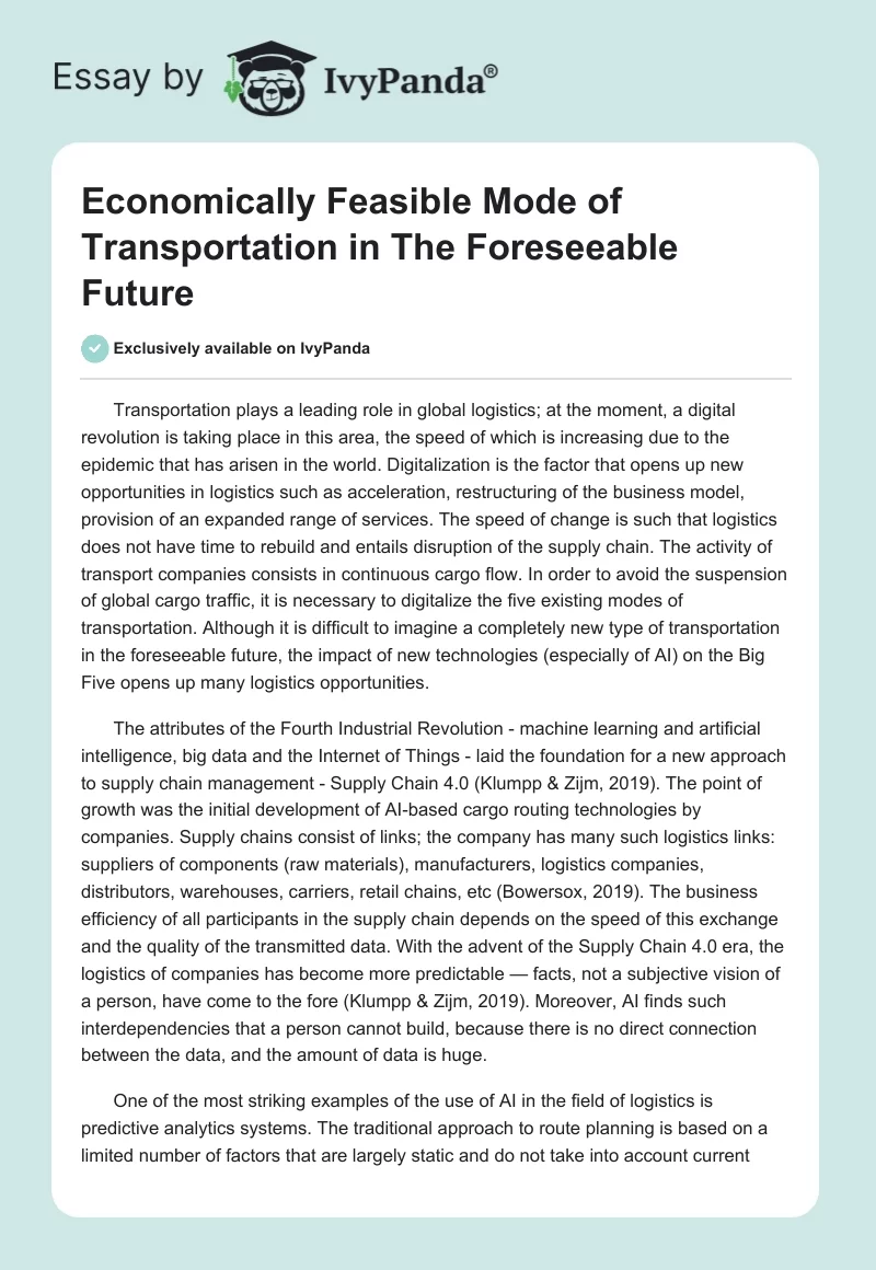 Economically Feasible Mode of Transportation in The Foreseeable Future. Page 1