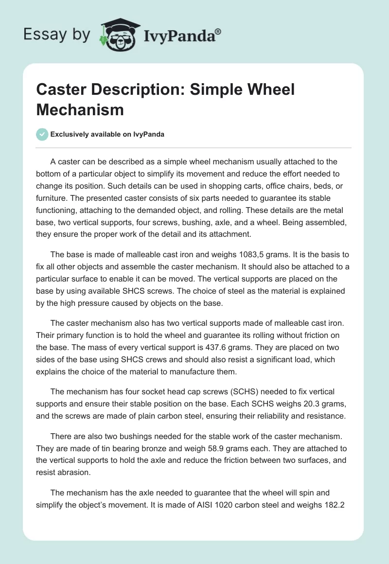 Caster Description: Simple Wheel Mechanism. Page 1