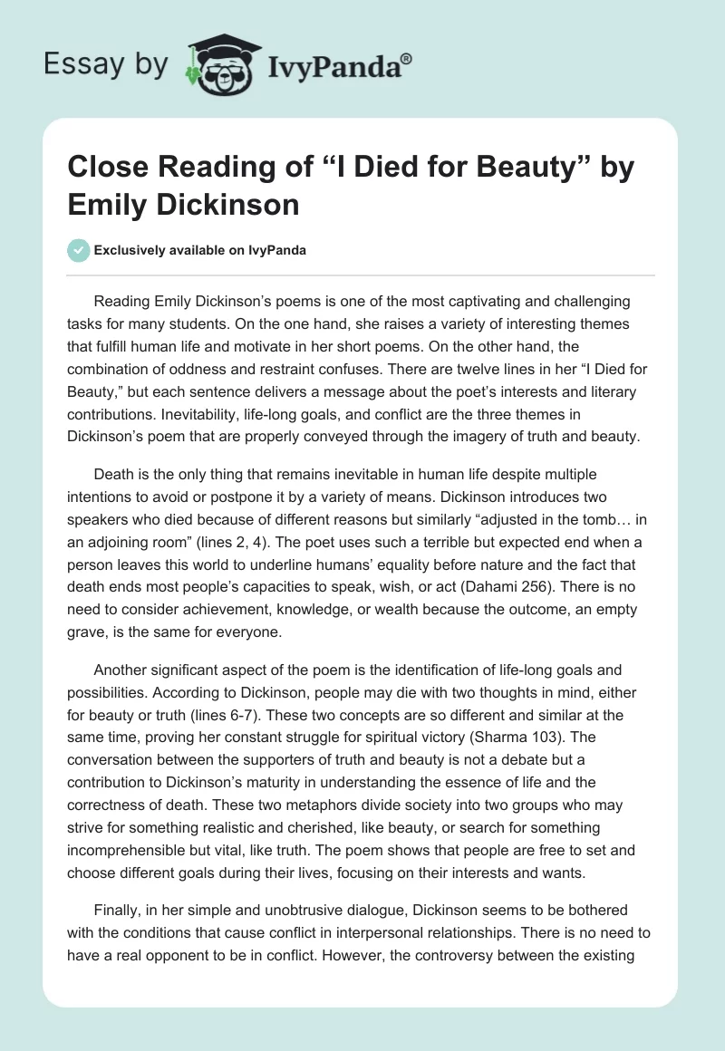 Close Reading of “I Died for Beauty” by Emily Dickinson. Page 1