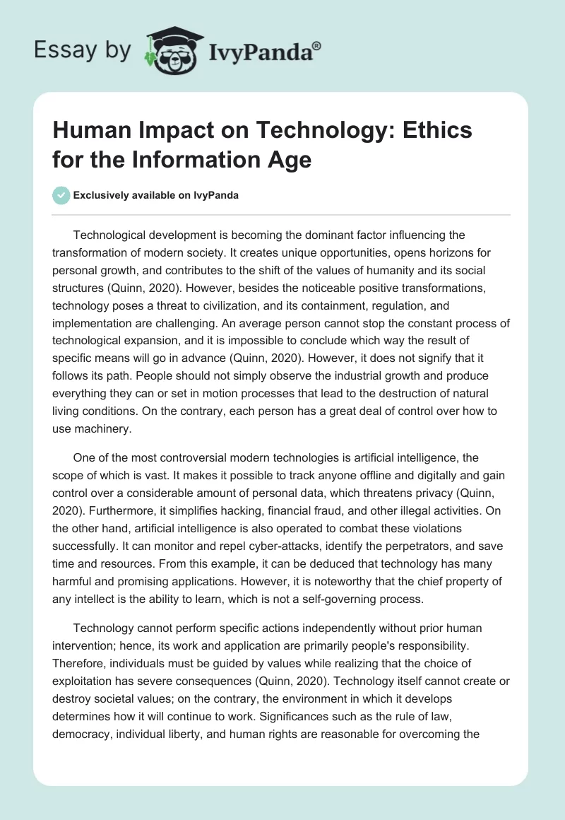 Human Impact on Technology: Ethics for the Information Age. Page 1