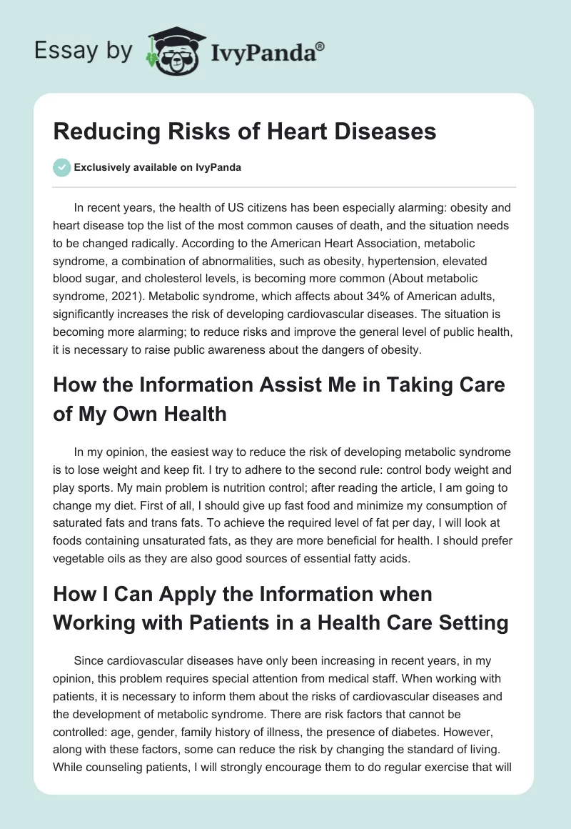Reducing Risks of Heart Diseases. Page 1