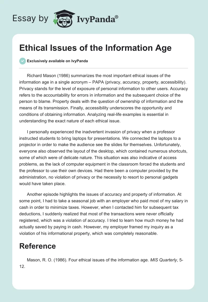 Ethical Issues of the Information Age. Page 1
