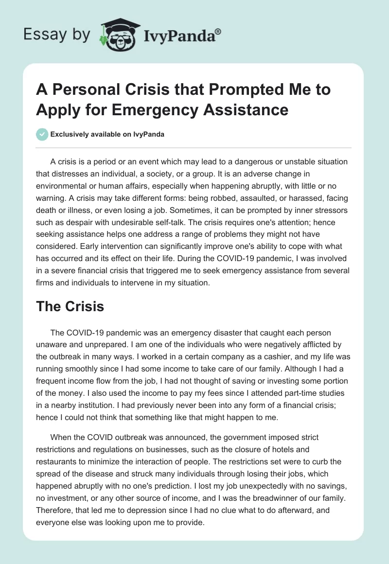 A Personal Crisis that Prompted Me to Apply for Emergency Assistance. Page 1