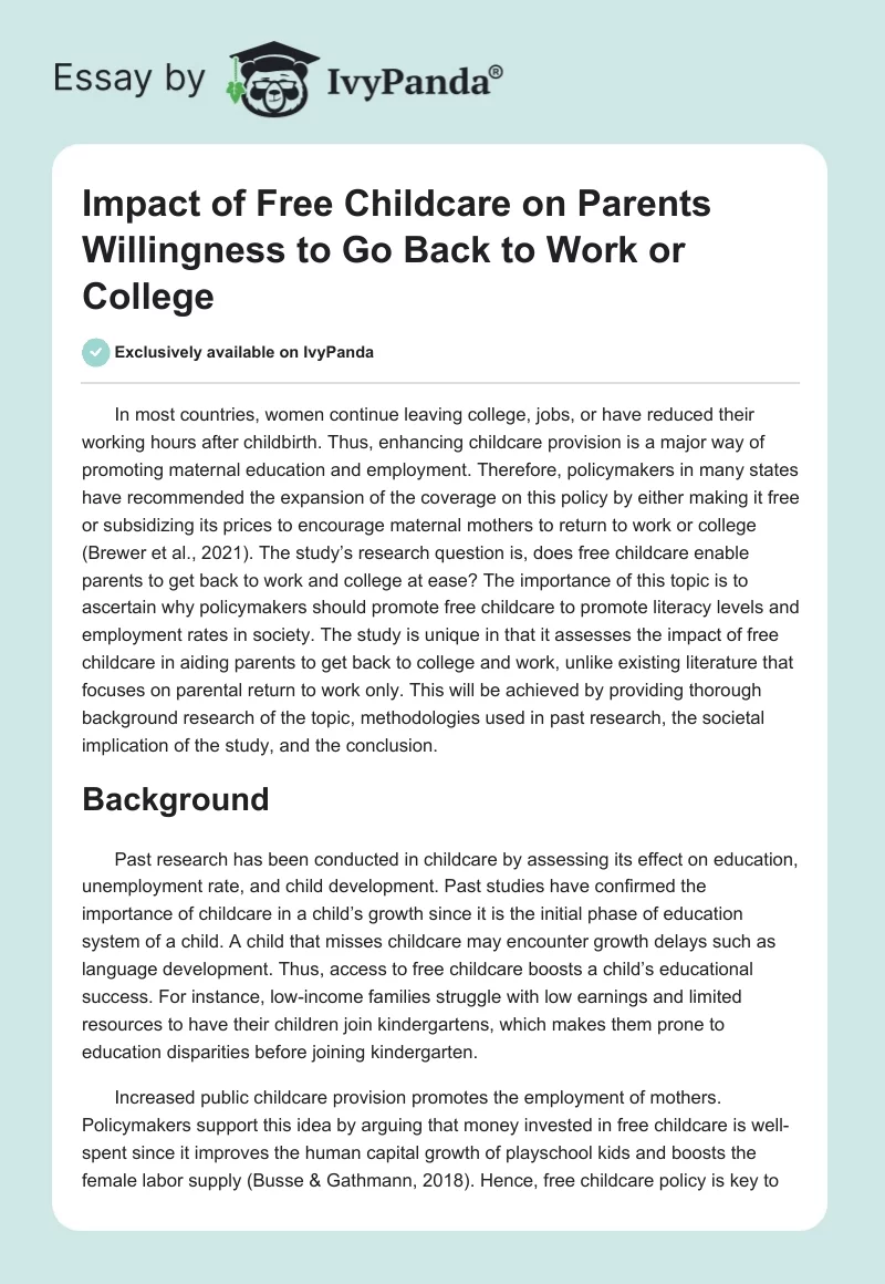 Impact of Free Childcare on Parents Willingness to Go Back to Work or College. Page 1