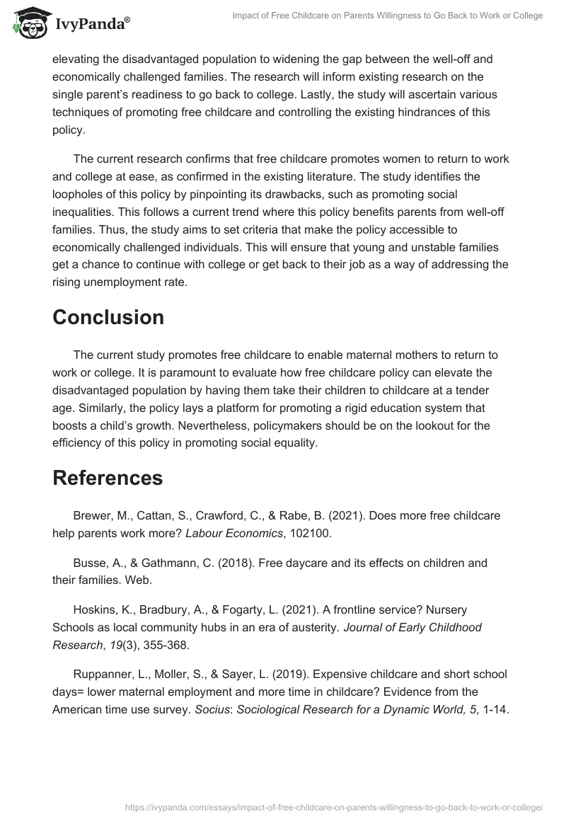 Impact of Free Childcare on Parents Willingness to Go Back to Work or College. Page 3