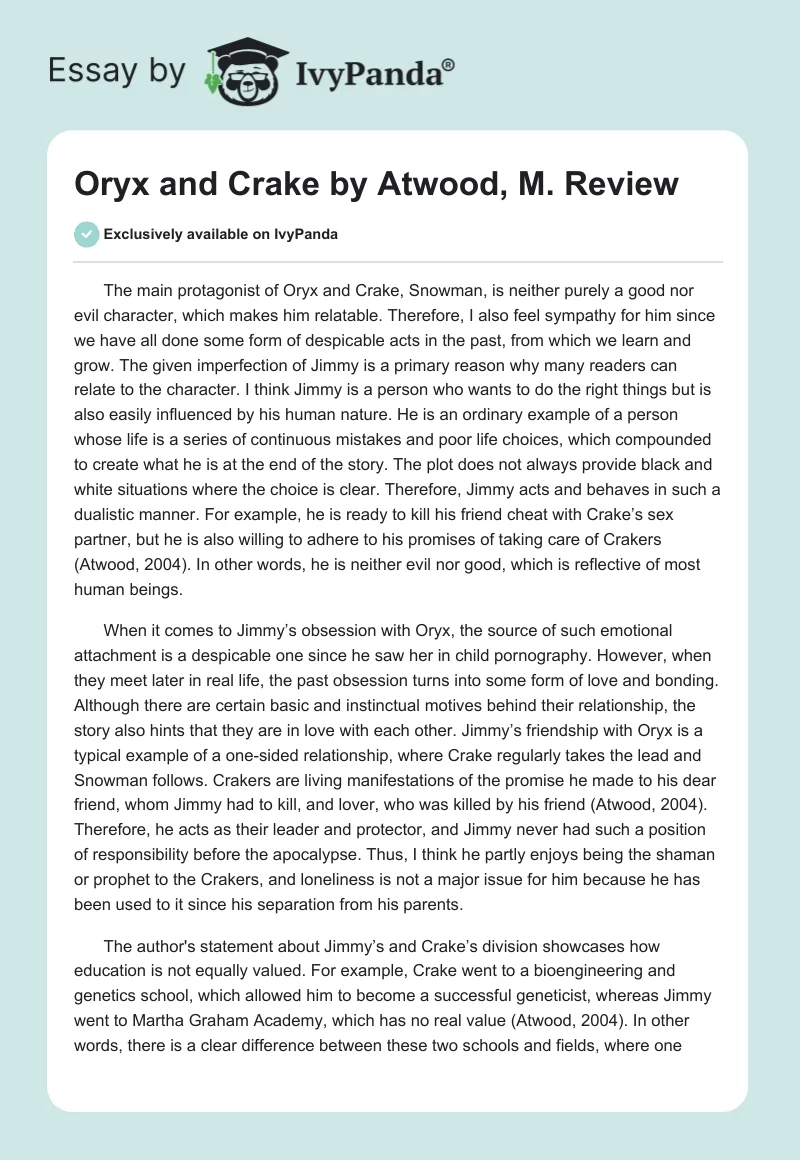 Oryx and Crake by Atwood, M. Review. Page 1